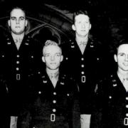 The first CU-Boulder Army ROTC commissioning class of 1950. From left to right (front row): Donald C. McCarter, Donald L. Feller, Glenn R. Chafee, Jr. and Mark Chilton; (back row): Milton L. Wiley, Roger H. Nelson and William M. Parr. Photo courtesy of the University of Colorado Boulder Library Archives, University Collection.