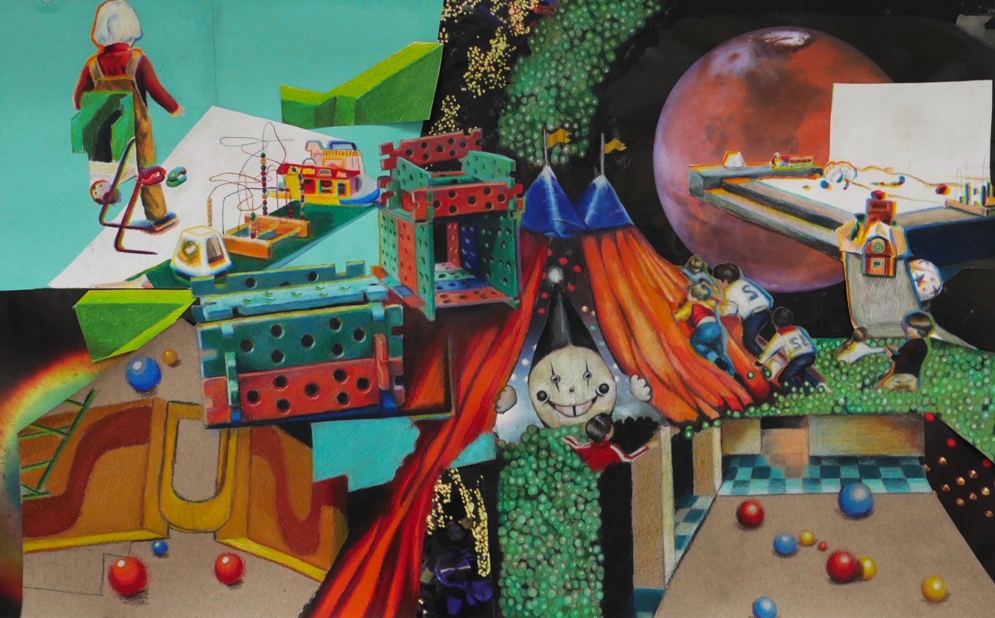 Bumbie’s World 2026 Colored pencil, Collage on Paper(s) 23x40”