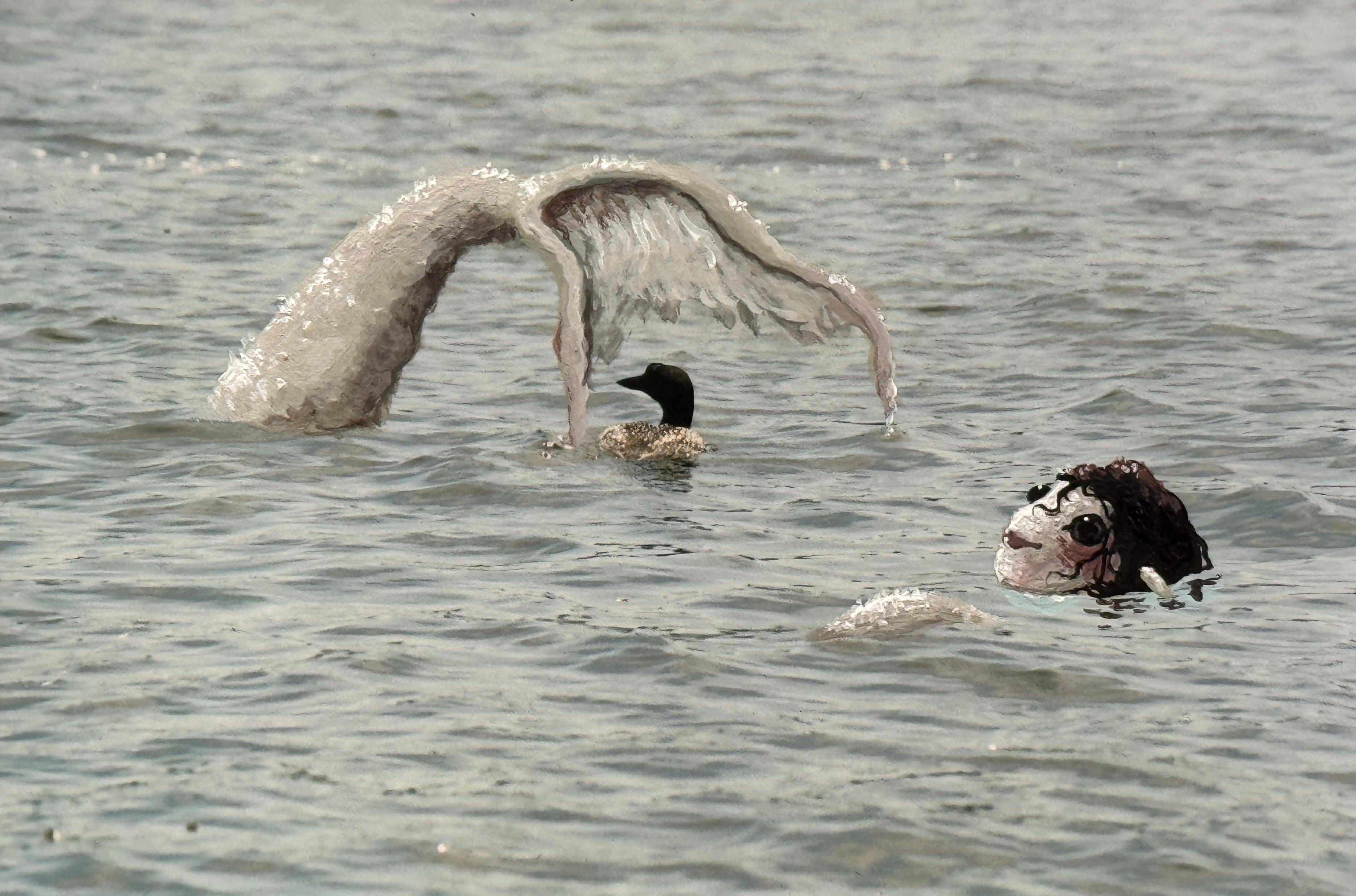 Her Majesty and the Loon 2026 Acrylic on found photograph 4x6”