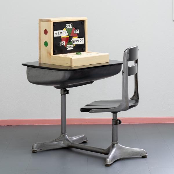The Yes, No, Maybe, Machine, 2024, glazed ceramic, found wood, geared motor, button, batteries, wire, magnets, 12 H x 15 W x 16 D inches
