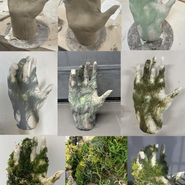 "Reclaim", Date: October 2024, Media: Ceramics, glaze, epoxy, moss preservative, Dimensions: 6”x10”x17”