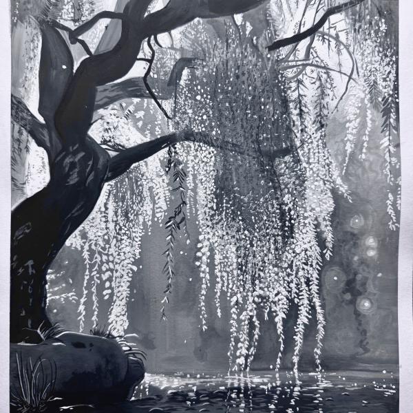 "Whispers of the Willow", Date: September 2024, Media: Gouache on paper, Dimensions: 9"x12"