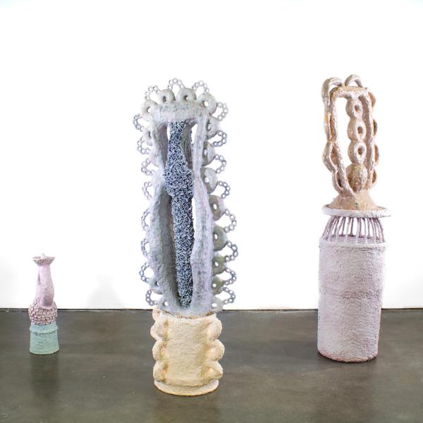 A Grix, Poporo III, IV, V, Ceramic, Glaze, Plastic, Metal, Paper, Paint, Varying Dimensions (Tallest object 4' 2")