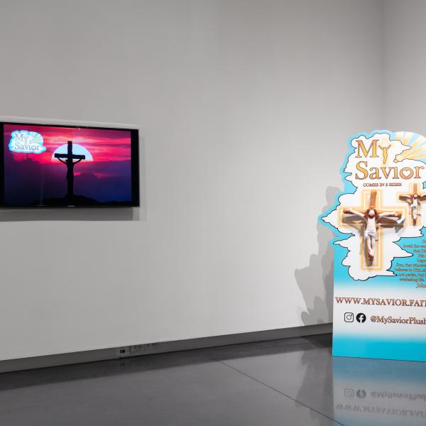 "My Savior," 2021. Polyester plush toys, pop-up display, infomercial video