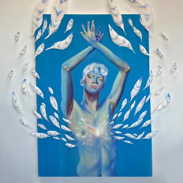White Hawk’s Triumph, 2023, pastel, colored pencil, 2 ply paper, foamcore, nails, hand-stretched canvas, acrylic and pastel ground.