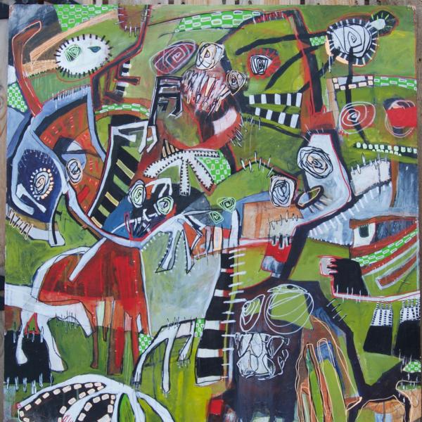 Rhea McSpadden (BFA). Stir Crazy- acrylic paint on wood panel, acrylic paint pen-  39"x35"