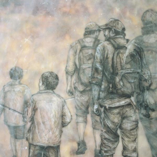 Anne Feller (BA). "Gone Fishin'" Encaustic, pastel, pen, and paper, 48" x 49"