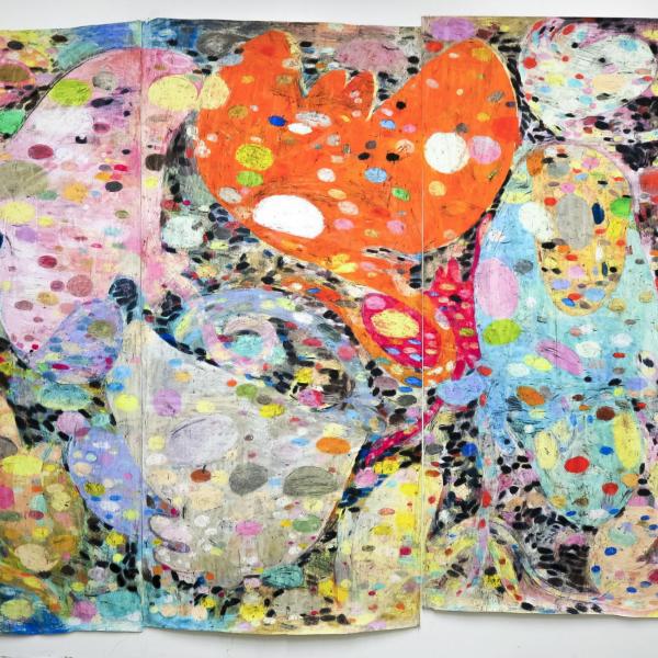 Madeline Job (MFA). 10 Manta Rays. Oil pastel on paper. 90 x 120".