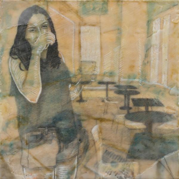 Anne Feller, “The Summer Visit That Wasn’t”, 2021 Encaustic, pastel, graphite and paper. 10.5” x 10.5”
