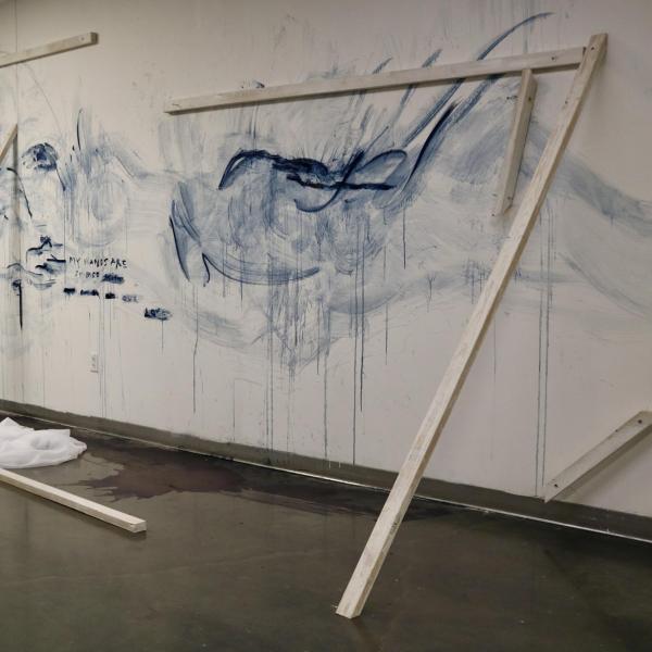 Untitled (Labor of Love), 2022, indigo, water, wood, screws, string, veil,
