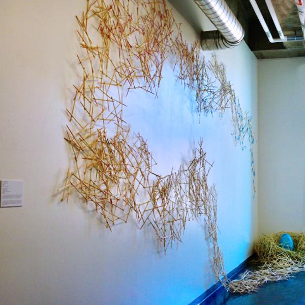 Over and Over 2021 chopsticks , paint , copper and nickel jewelry findings, paper wrappers and metal leaf