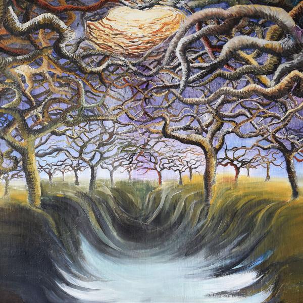 Samira Hemmat (MFA). Threads,  acrylic on canvas, 40" x 27"