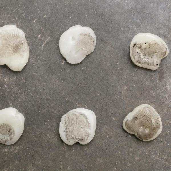 Anne Feller, “1,133”, 2021 Wax ‘stones’ and pastel fingerprints. 69” x 48”