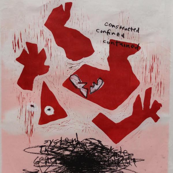 The Curse of Femininity, 2022, relief print, oil pastel