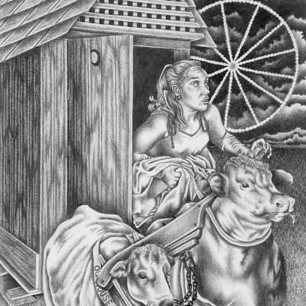 "The Outhouse Queen," 2020. Black pencil drawings on paper. 10” x 16”