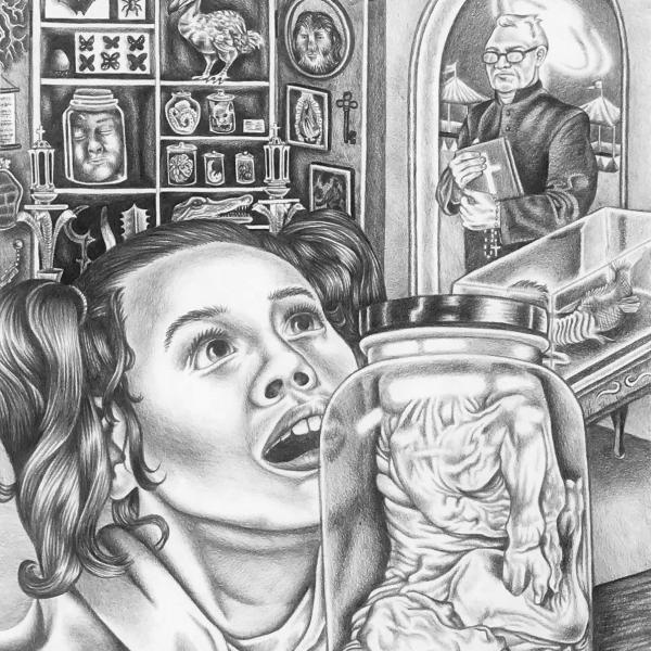 "A Temple of the Holy Ghost," 2020. Black pencil drawings on paper. 10” x 16”
