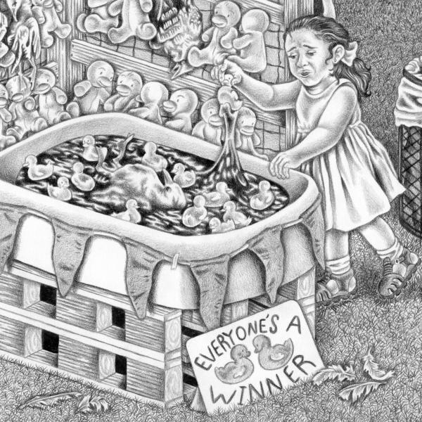 "Everyone’s A Winner," 2020. Black pencil drawings on paper. 8” x 11”