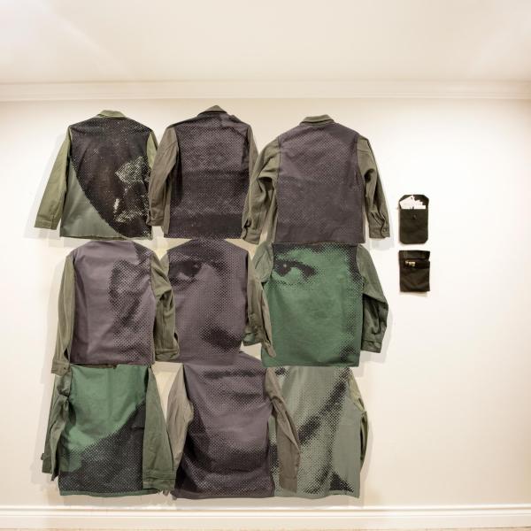 "In Memoriam," Screen Printed Fabric and Military Jackets 7’ x 9’ 2020