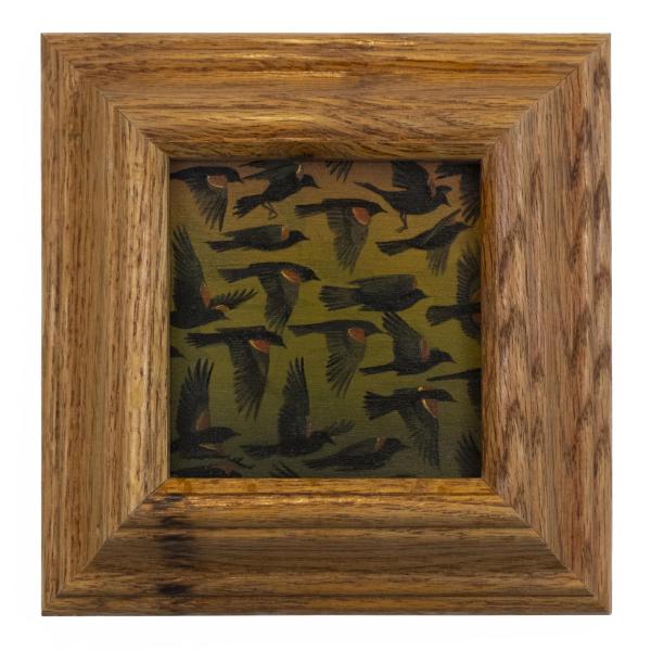 "Red-Winged Blackbirds (Flock Study)," 2021 watercolor, gouache, acrylic and oil on mounted paper in reclaimed frame 6.5 x 6.5”