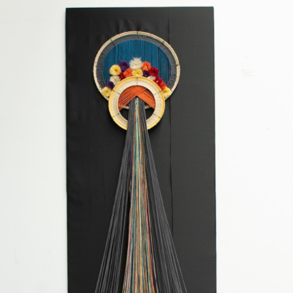Bryon Lee Allison. "Head of Maiden," yarn, metal ring, cloth over foam board. 80"x32"x32". 2019