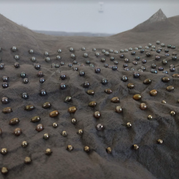 Jasmine Baetz. "Landscape," fabric, wire, beads. 1'x4'x2'. 2020
