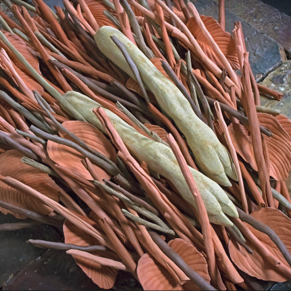 Joelle Cicak. "Will your legs carry you to the safety of Spring? Or will they be removed at the knees and disposed of, like Autumn’s sticks and leaves?," Stoneware, Earthenware, Hard brick, Ash from a whitetail deer's forelegs (gift from a hunter who had no use for them). 34"x29"x18". 2018