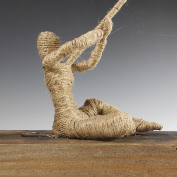 Emma Kluthe. "Anchor," newspaper, twine, wood, metal. 2'x2.5'x5'. 2016