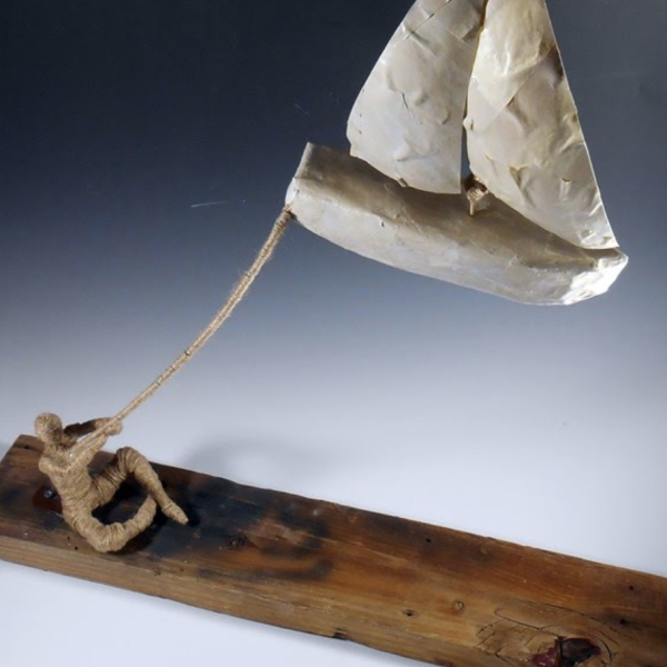 Emma Kluthe. "Anchor," newspaper, twine, wood, metal. 2'x2.5'x5'. 2016