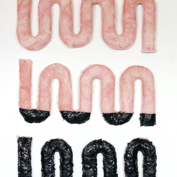 Elspeth Schulze. "Rise," Fiberglass insulation, thread, roofing tar. 49"x32"x1". 2018