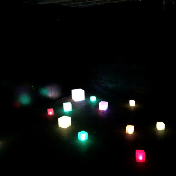 Hailey Carlson. "Digital Spill," Self-lit acrylic voxels. 4", 6", and 10" cubes. 2019