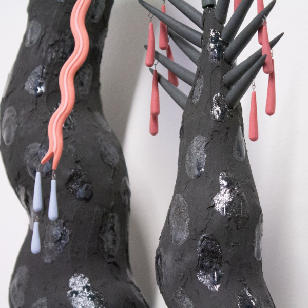 Katie McColgan. "Snake 1," ceramic, glaze, wire. 18"x8"x5". 2019