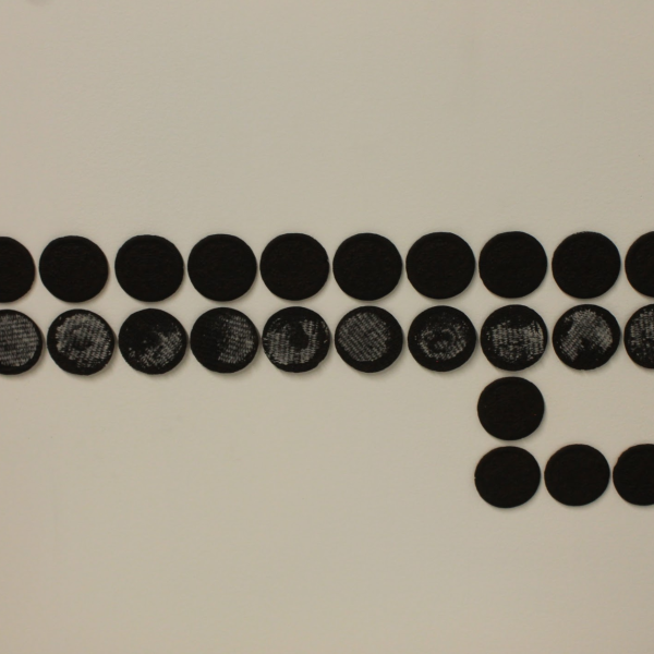 Molly Ott. "If the cookie breaks when I tear it apart I can eat it," Oreos, chopsticks, collage, cigarettes, ceramic cups, plastic straws. 6'x14'x2'. 2019
