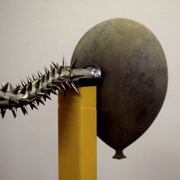 Grace Groves. "Problematic Repetitions," Concrete balloons, welded steel, acrylic paint. 3"x5"x16". 2019