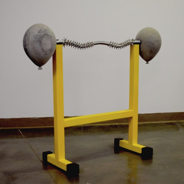 Grace Groves. "Problematic Repetitions," Concrete balloons, welded steel, acrylic paint. 3"x5"x16". 2019