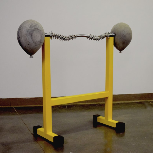 Grace Groves. "Problematic Repetitions," Concrete balloons, welded steel, acrylic paint. 3"x5"x16". 2019