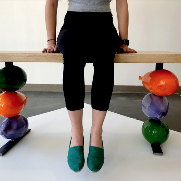 Grace Groves." Waiting Game," Glazed ceramics, white ash, welded steel. 20"x55"x14". 2019