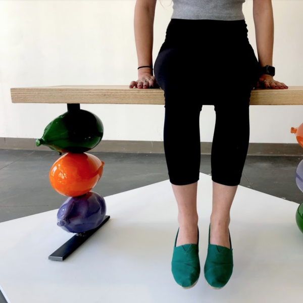 Grace Groves." Waiting Game," Glazed ceramics, white ash, welded steel. 20"x55"x14". 2019