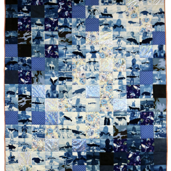 Marcella Marsella, "Ocean Memorial Quilt (Fish Bras)," Cyanotype on muslin, store-bought fabric, 60 x 72”, 2020