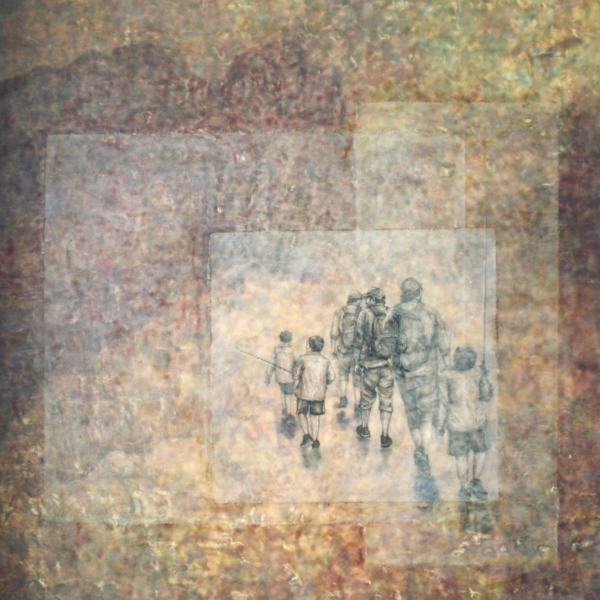 Anne Feller, "Gone Fishin'" Encaustic, pastel, pen, and paper, 48" x 49"