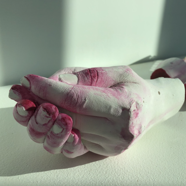 Olivia Bode, "Handing in Craftsmanship (2020)," plaster/iron/acrylic paint, 2.5’ x 1’