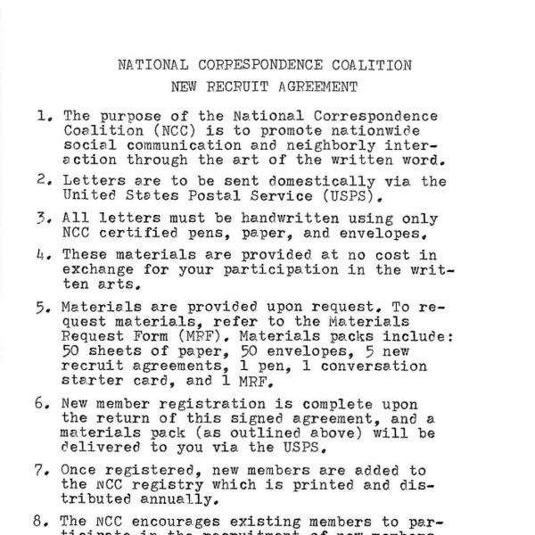 "National Correspondence Coalition," Pack: NCC certified paper (50 sheets), NCC certified envelopes (50), New Recruit Invitations (5), monthly story starter (1), Material Request Form (1), NCC certified pen (1) Dimensions variable. 2019-ongoing
