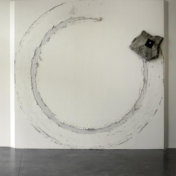 "Halted Rhythm," Granite, steel, drywall 10’ x 10’ x 18” 2019
