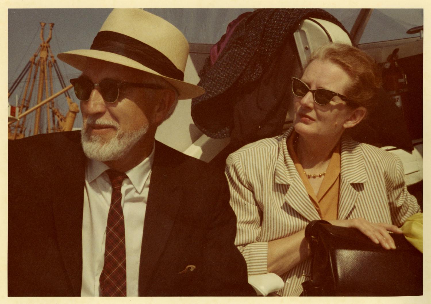 Portrait of Clyfford Still and Patricia Still seated on a boat in Paradise Island, Bahamas, ca. 1969. Photographer unknown. Courtesy the Clyfford Still Archives.