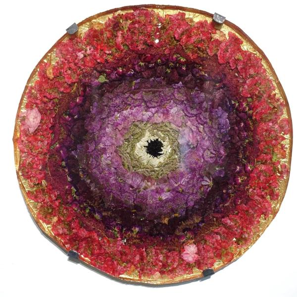Eileen Roscina Shoup (MFA). IRIS — resin, pressed flowers, ink, glass, gold leaf (36" x 36")