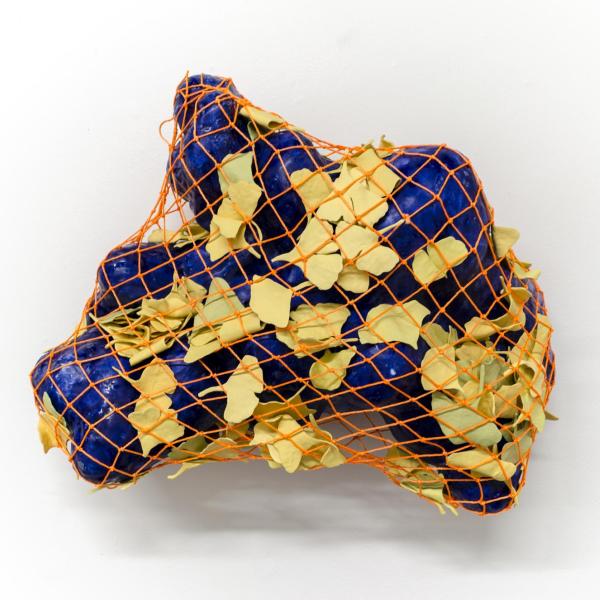 Elizabeth Langyher (MFA). Fall Slow/ 2 am Voicemail  (Nylon, Stained Porcelain, Glazed Earthenware,  24” x 21” x 10”)