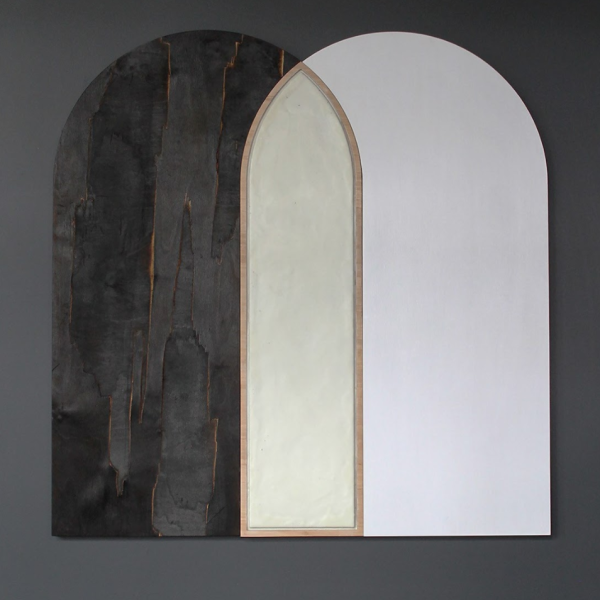 Elspeth Schulze. "Overlap Arch," Scorched plywood, acrylic, wax. 44"x42"x1.5". 2019