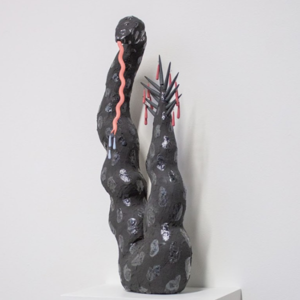 Katie McColgan. "Snake 1," ceramic, glaze, wire. 18"x8"x5". 2019