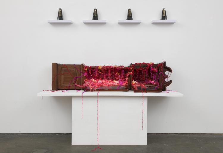 Infect, 2022 Grandmother clock, insulation foam, acrylic paint, beads, resin, metronomes 2’x2’x6’ Overview shot