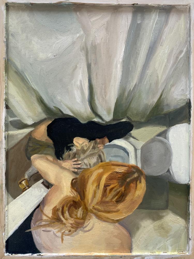 Claire Stufflebeam, "Girlfriends," oil on dumpster trash, 2021, 9” x 12”