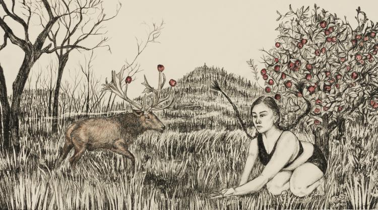 In Between, 2022 Lithograph with hand tinting, 11” x 20”